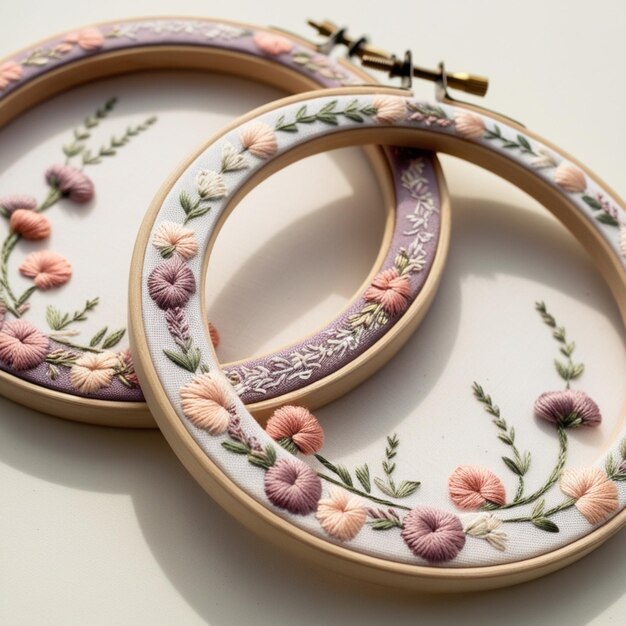 Three sample embroidery hoops showing different patterns